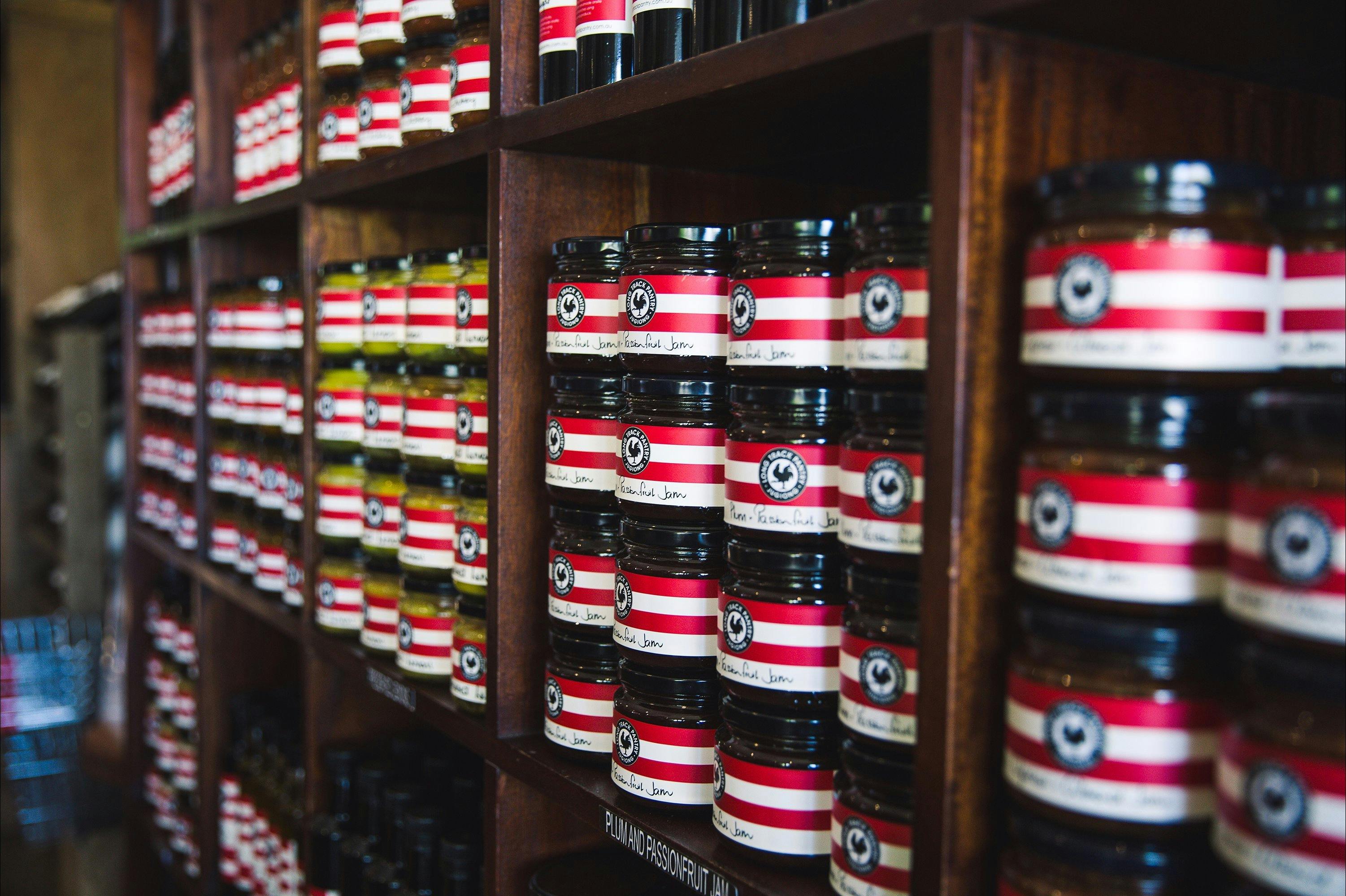 Shelves of homemade jams and preserves at the Long Track Pantry, Jugiong