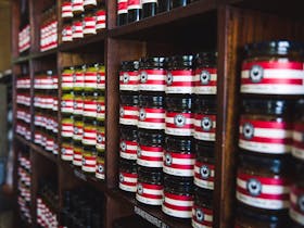 Shelves of homemade jams and preserves at the Long Track Pantry, Jugiong