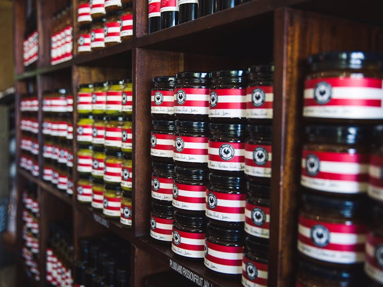 Shelves of homemade jams and preserves at the Long Track Pantry, Jugiong