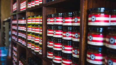 Shelves of homemade jams and preserves at the Long Track Pantry, Jugiong