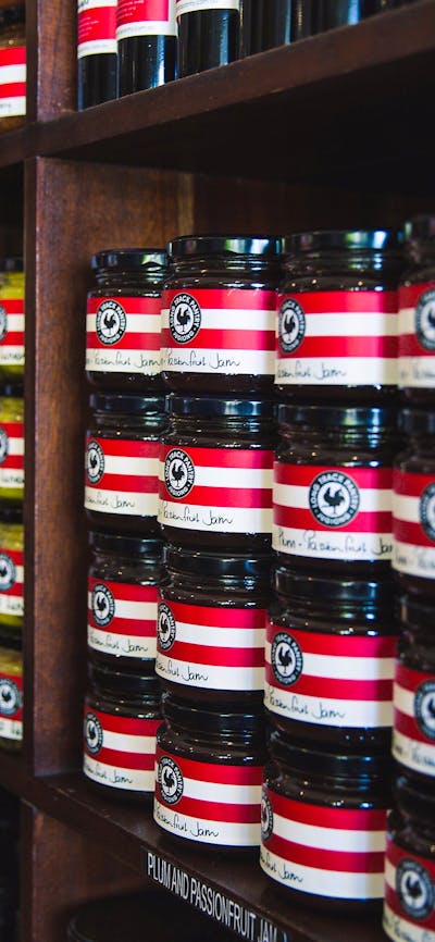 Shelves of homemade jams and preserves at the Long Track Pantry, Jugiong