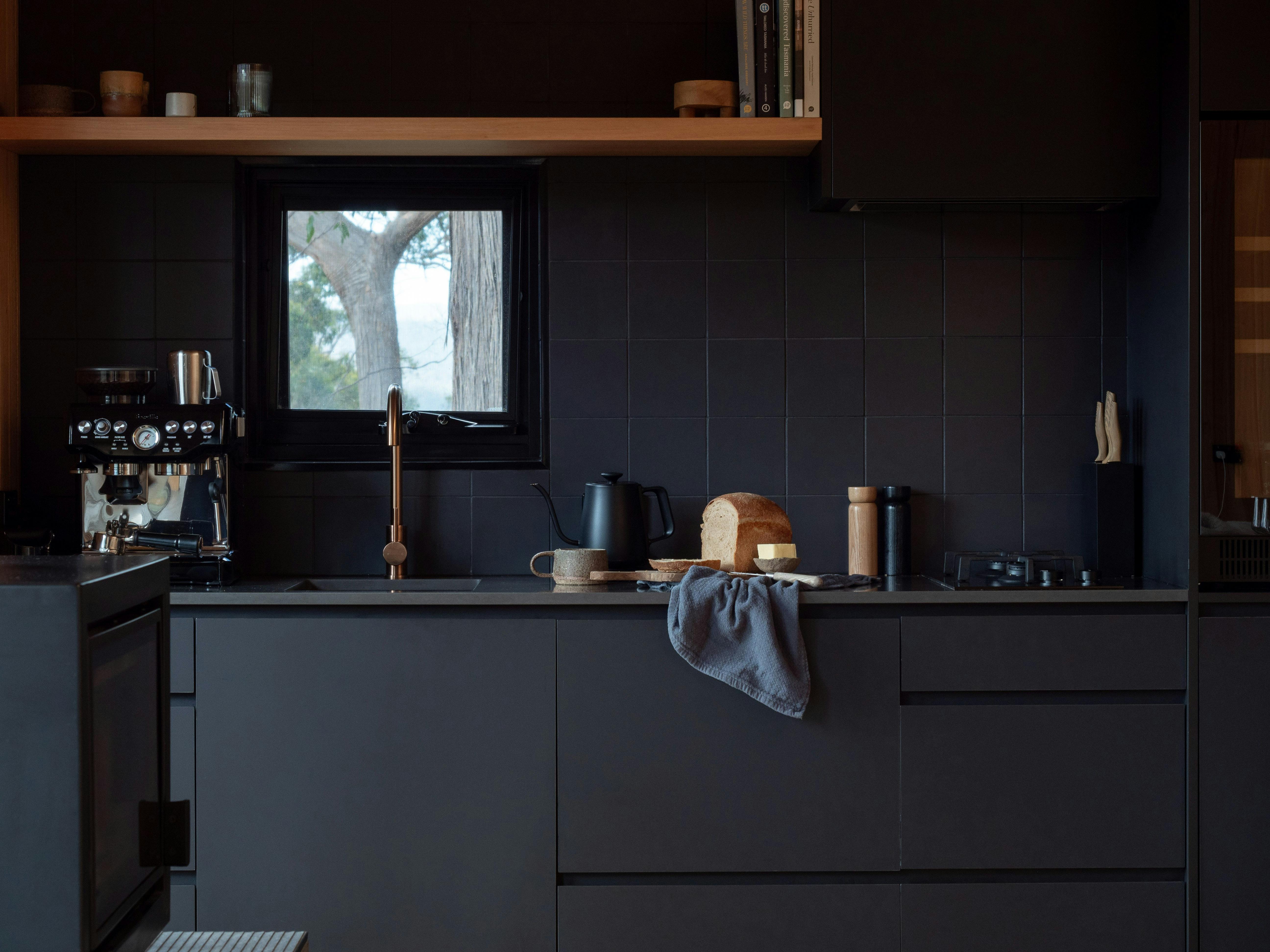 Kitchen at Hunter Huon Valley with local breakfast provsions, coffee machine and local fresh coffee