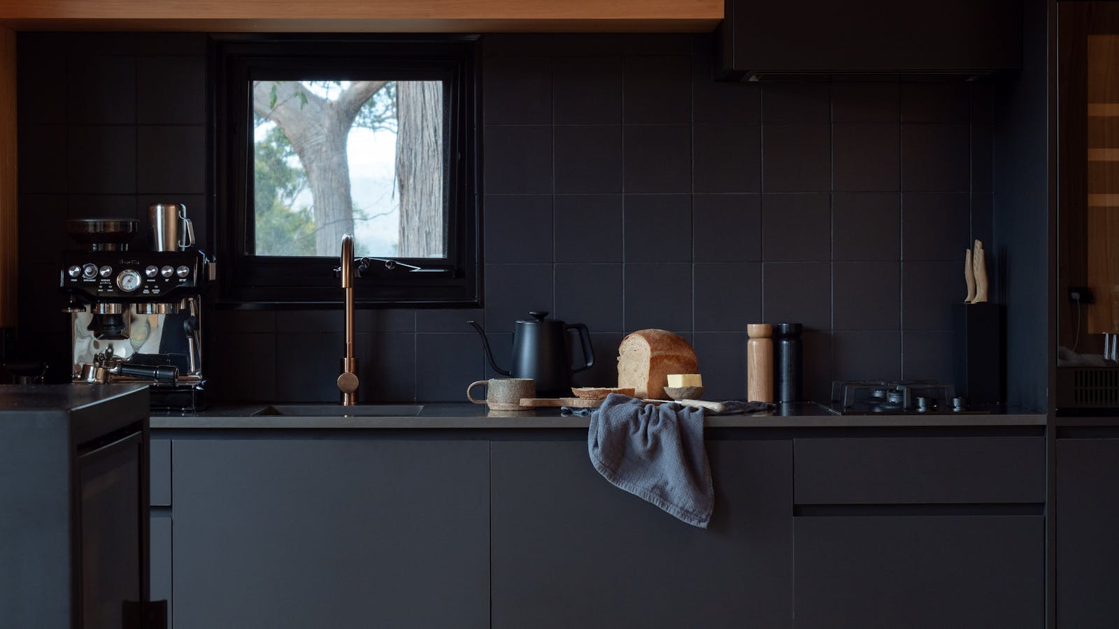 Image of the kitchen at Hunter Huon Valley including breakfast provisions and coffee machine