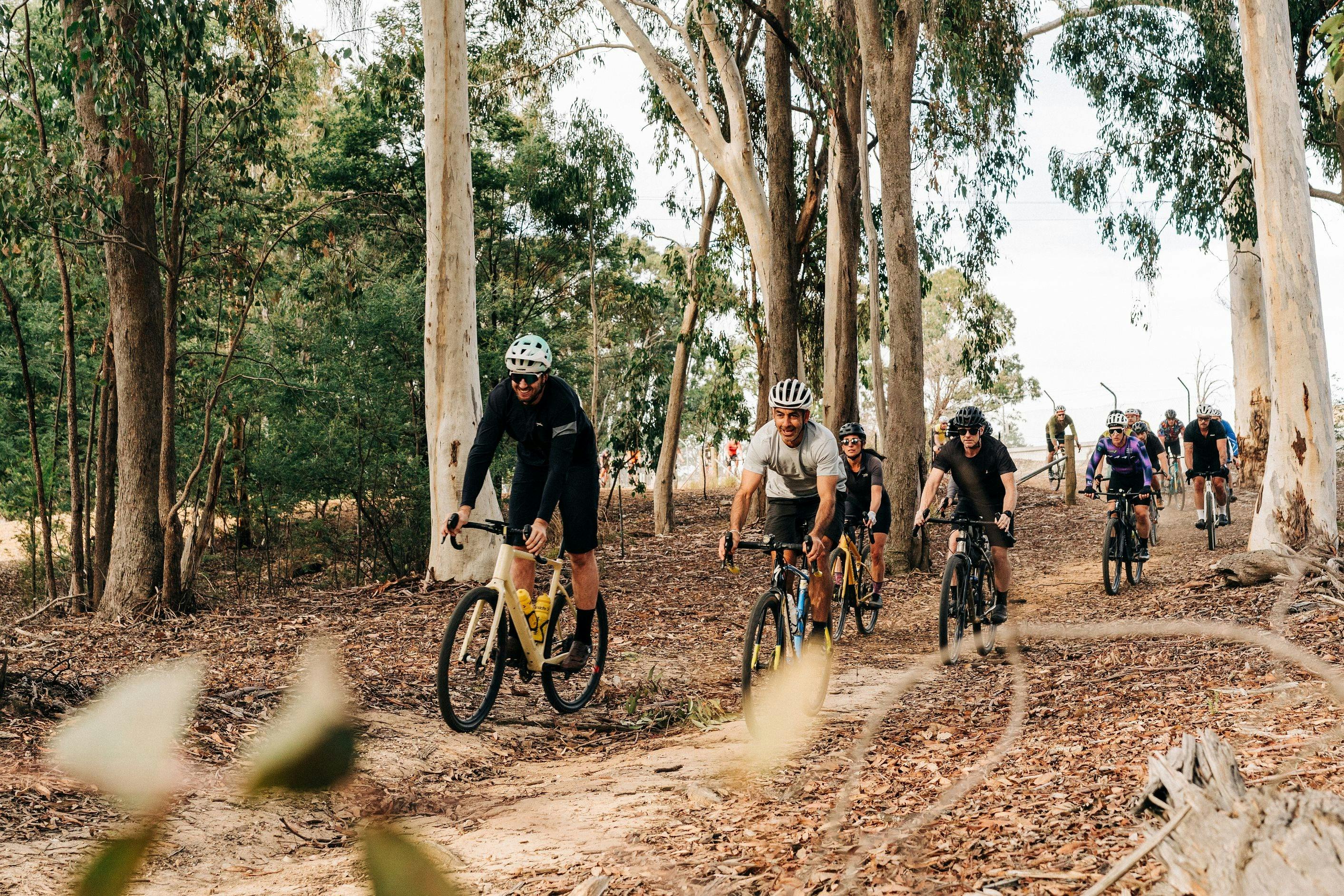 Group of cyclists riding off a track through the bushland