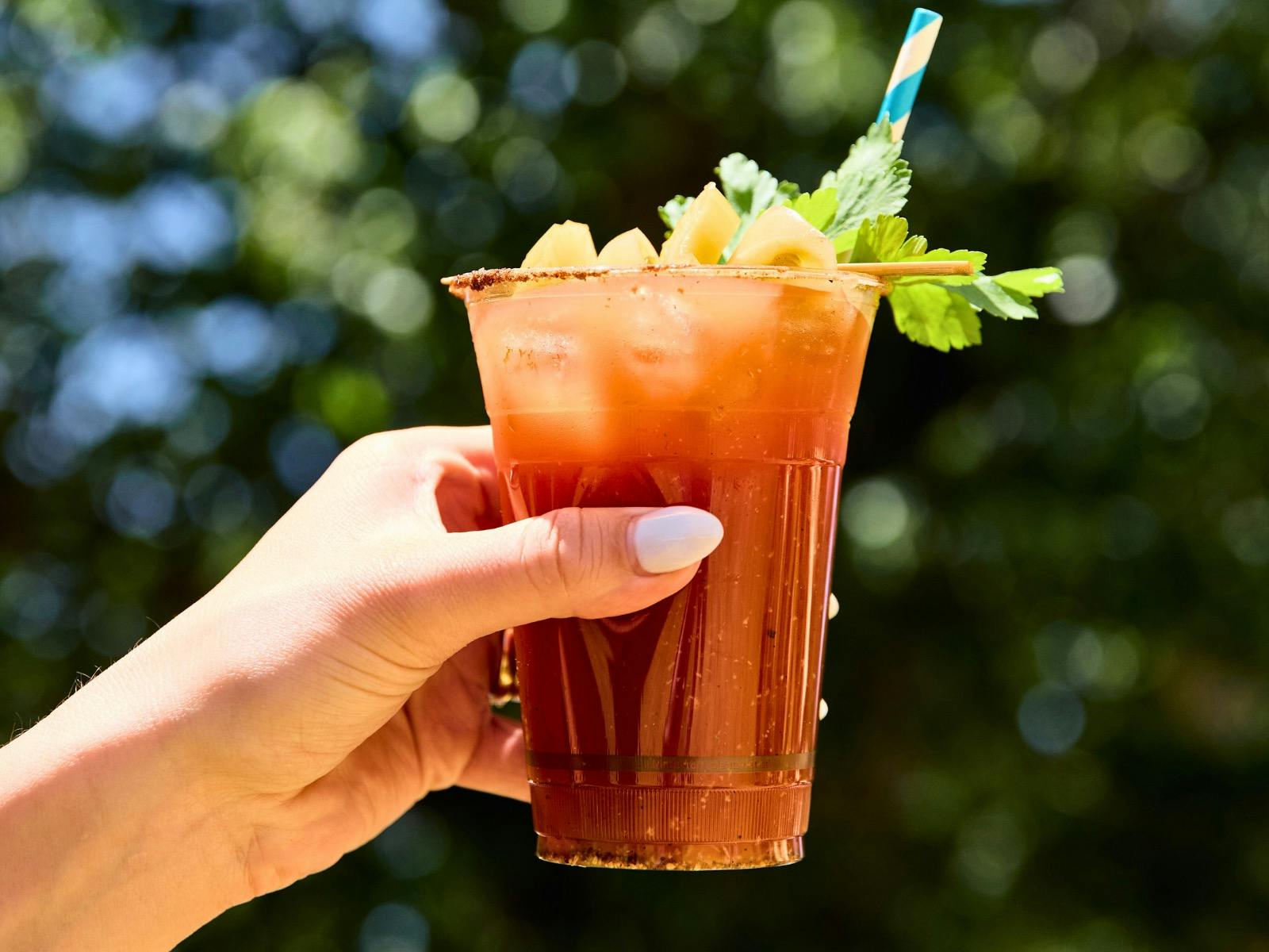 A hand holding a Bloody Mary in the air
