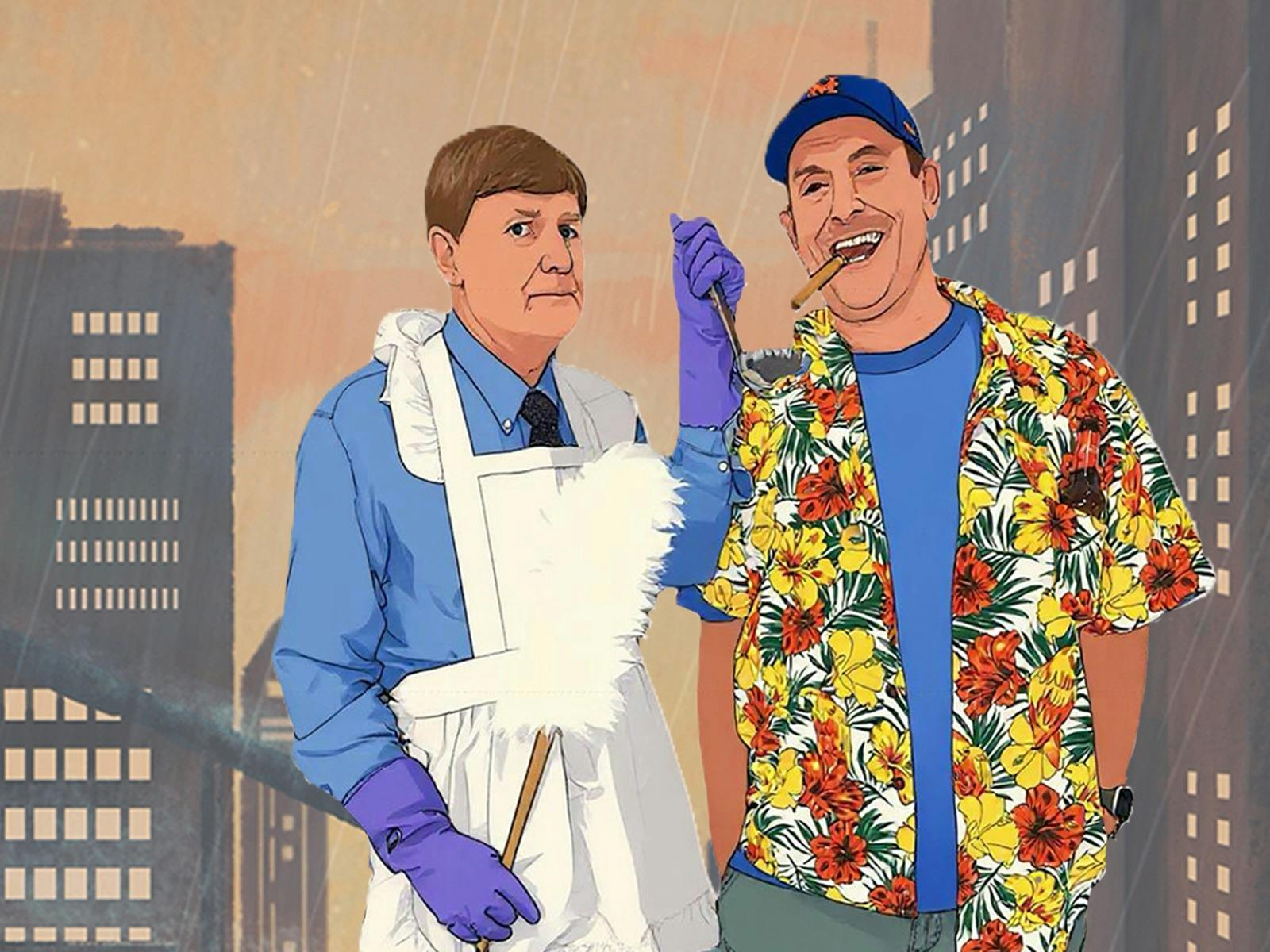 Cartoonised photo of actors playing Felix and Oscar, one wearing an apron avoiding a feather duster