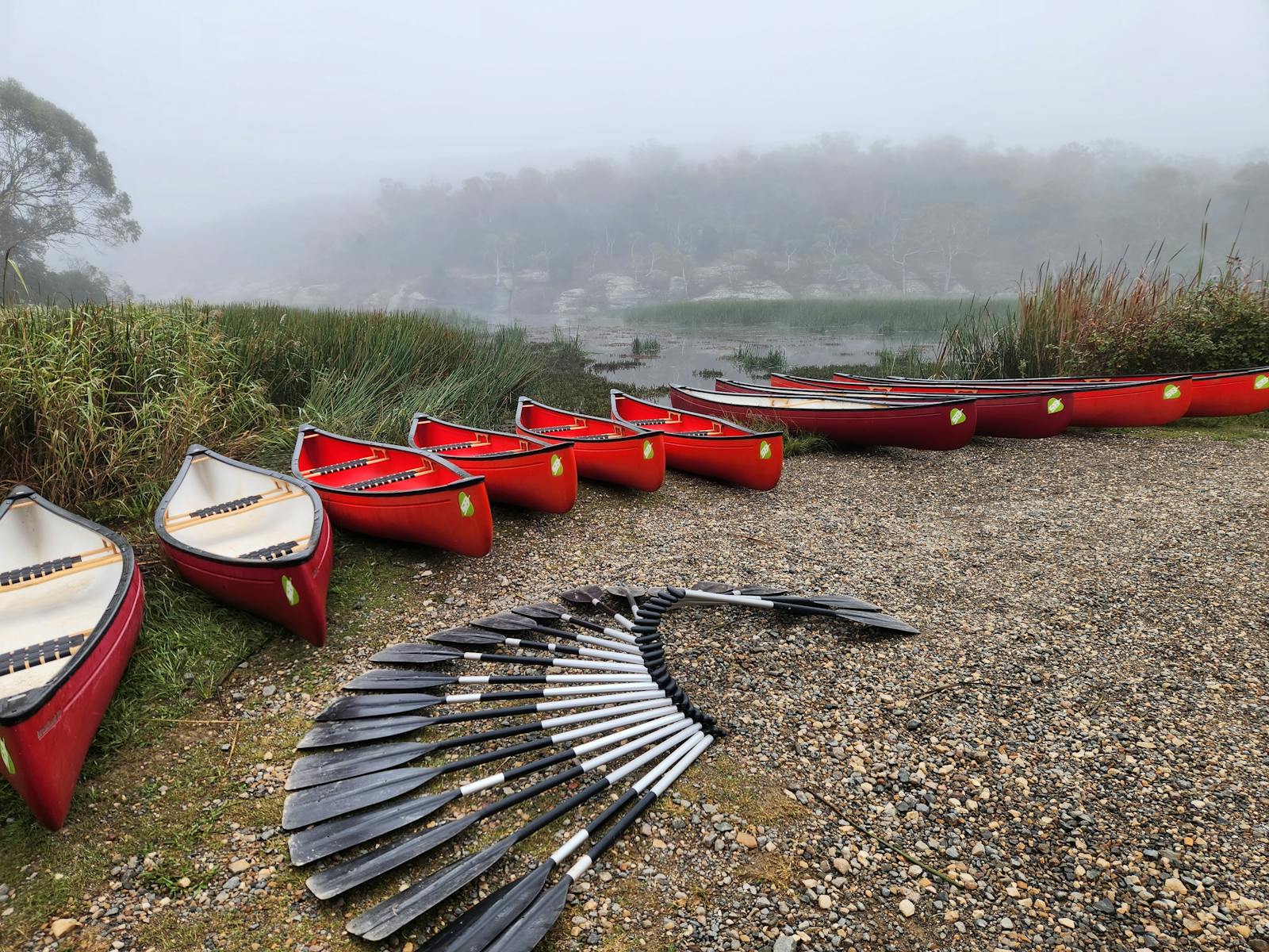 Canoes and paddles in the mist