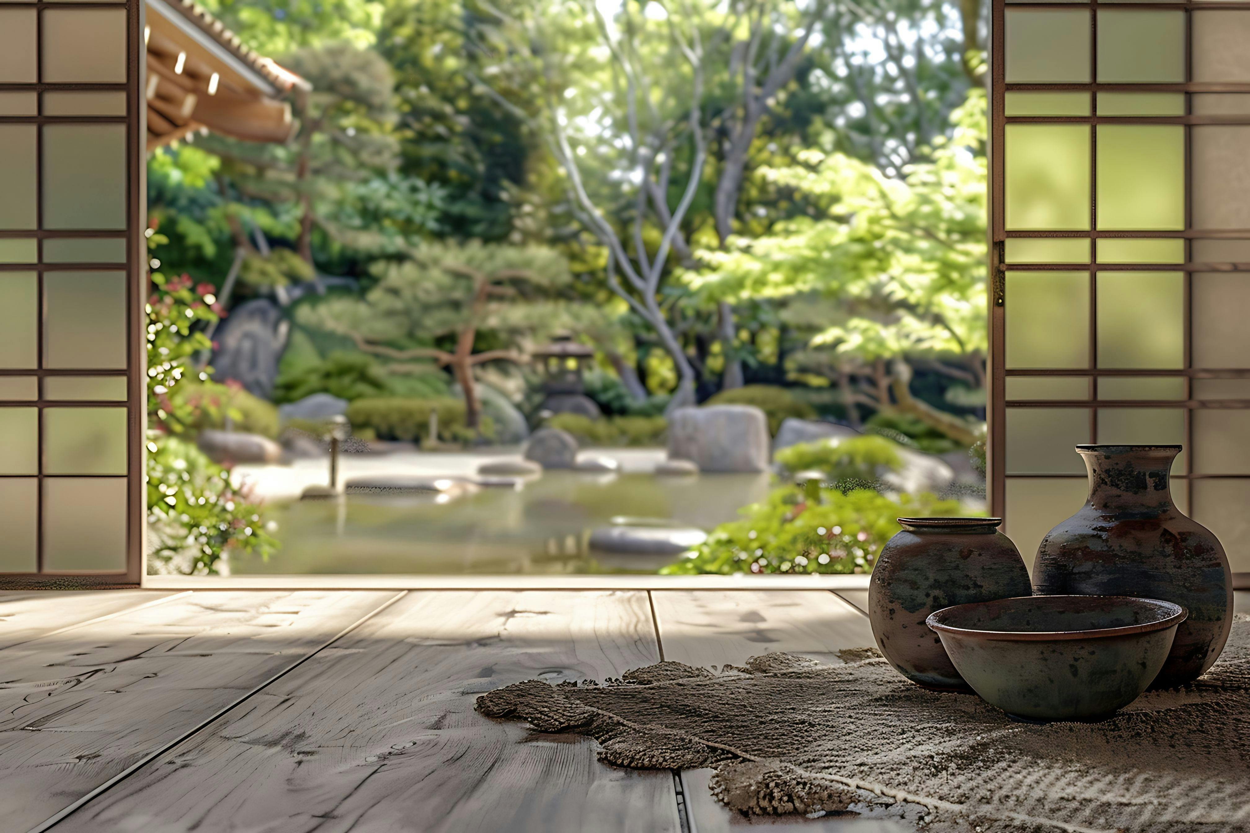 Pots on the floor of Japanese-style tea room with open doors looking out over pond in the garden