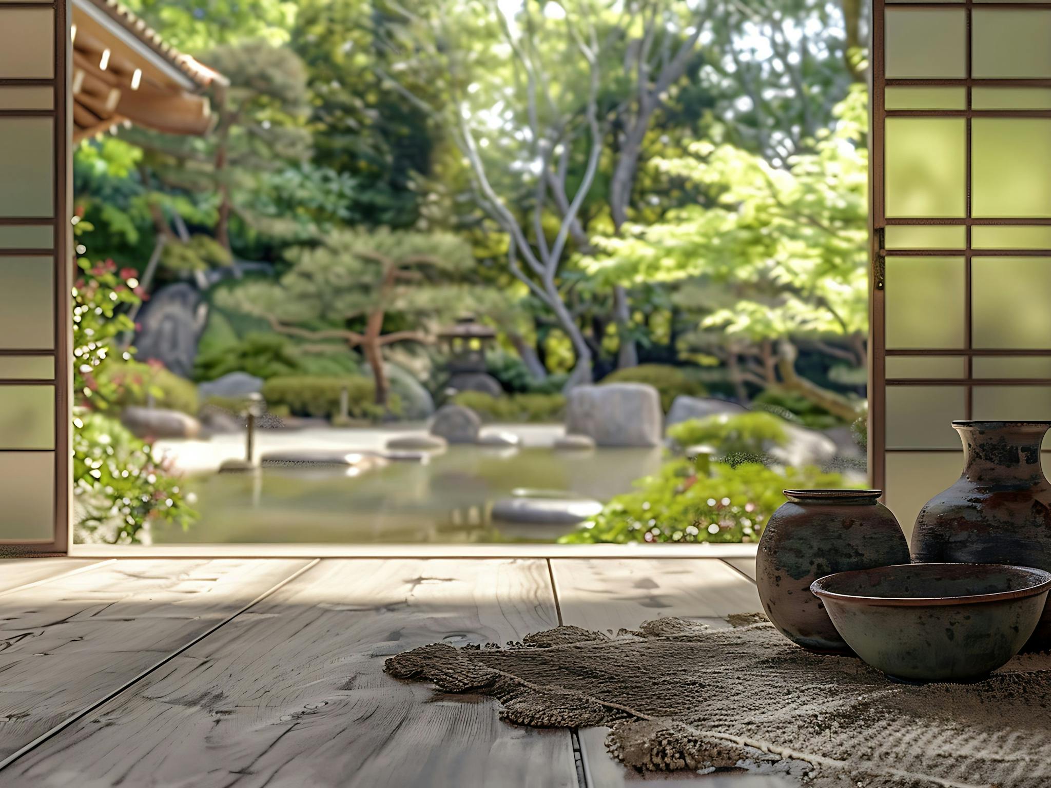 Pots on the floor of Japanese-style tea room with open doors looking out over pond in the garden Pots on the floor of Japanese-style tea room with open doors looking out over pond in the garden