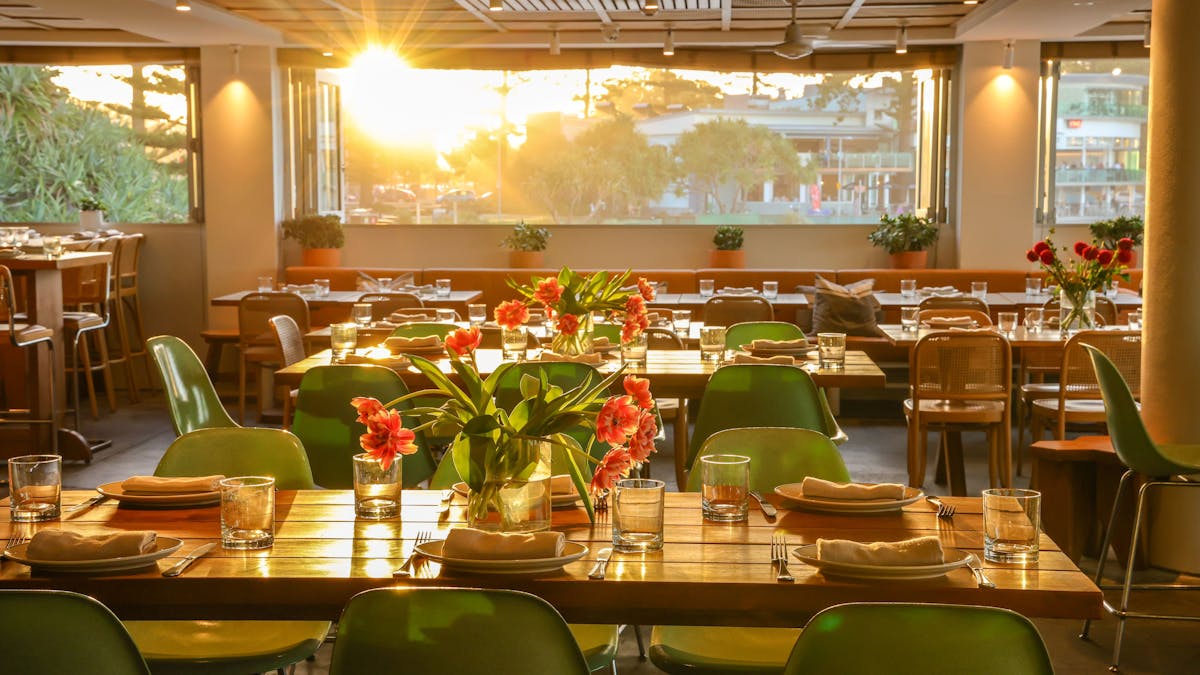 A view from inside the Tropic Restaurant at sunset.