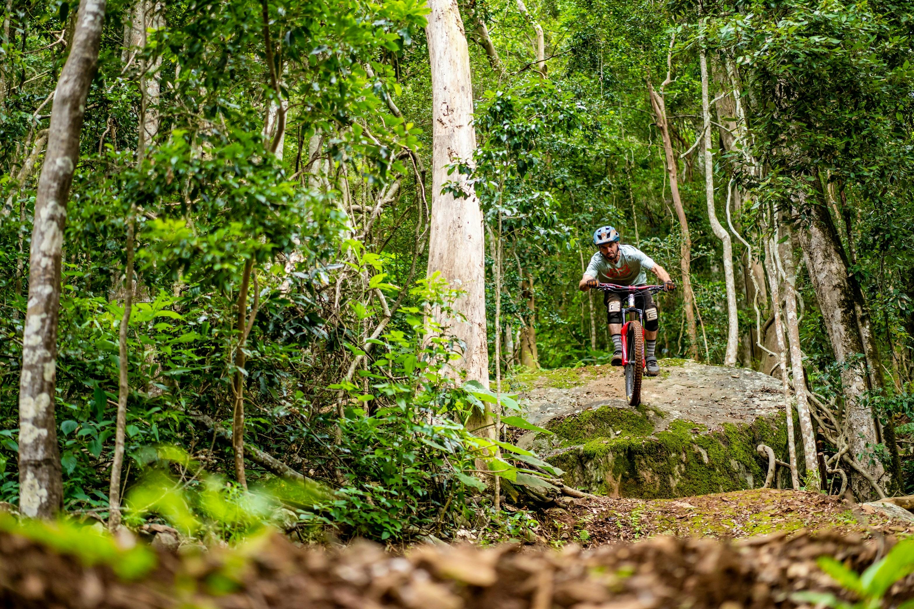 A Mountain Bike Rider on an obstacle at Barrington Bike Park