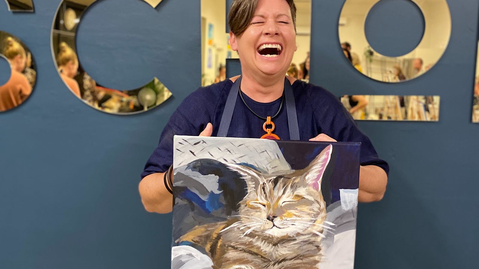 Having a laugh while Painting your Pet at a Paint 'n' Sip at Archaica Schola