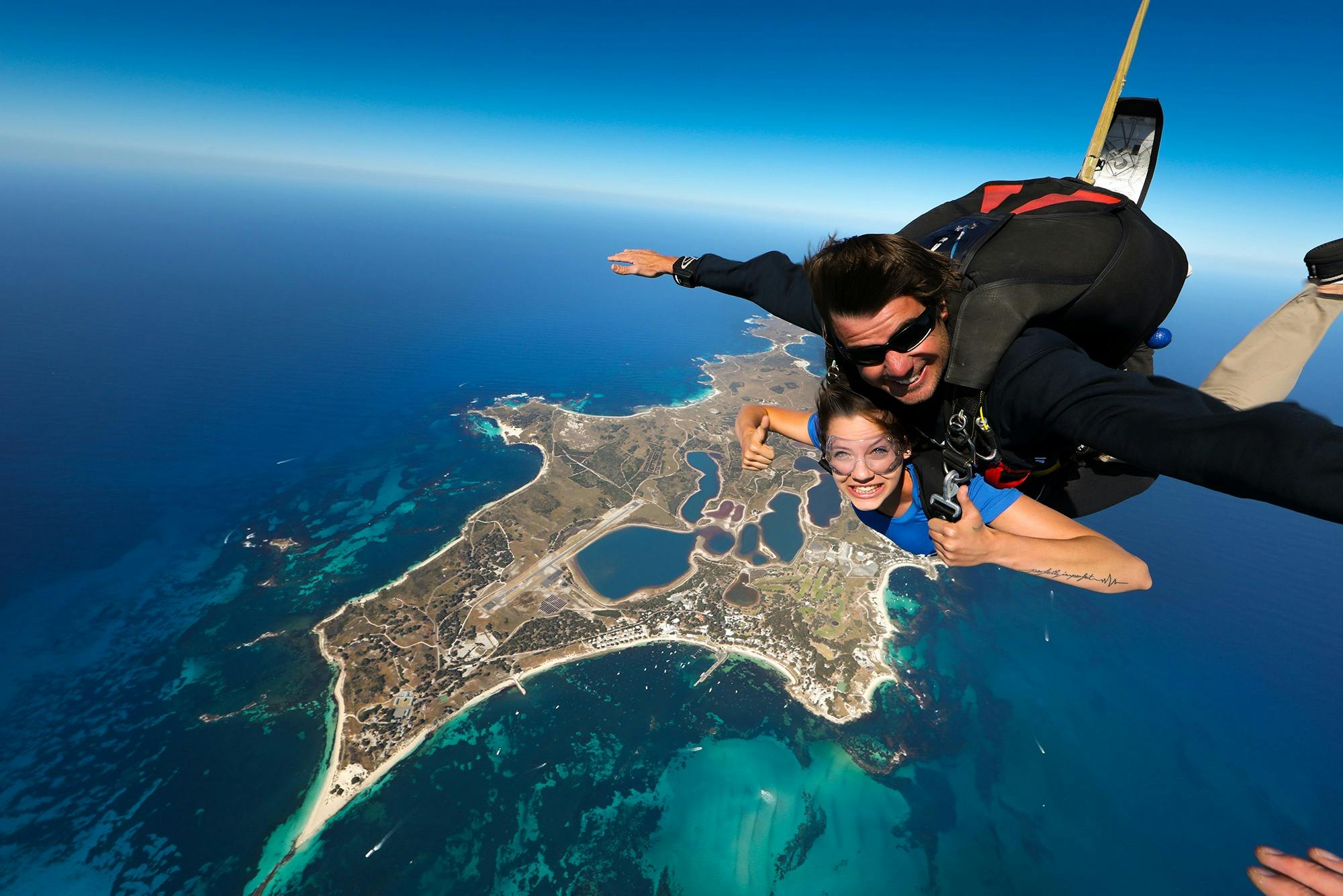 Tandem skydivers above Rottnest Island