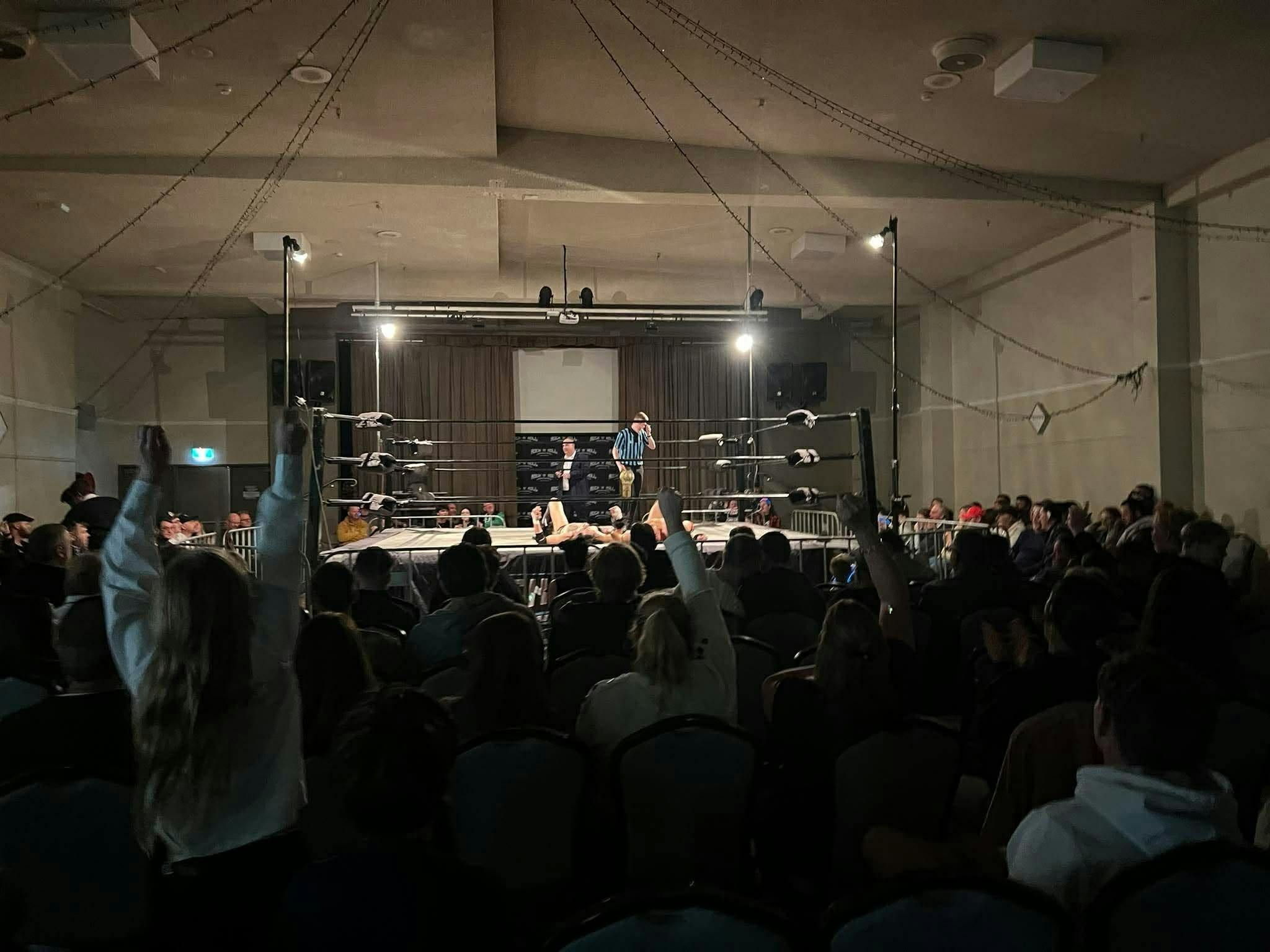 A crowd cheering on a wrestling match.