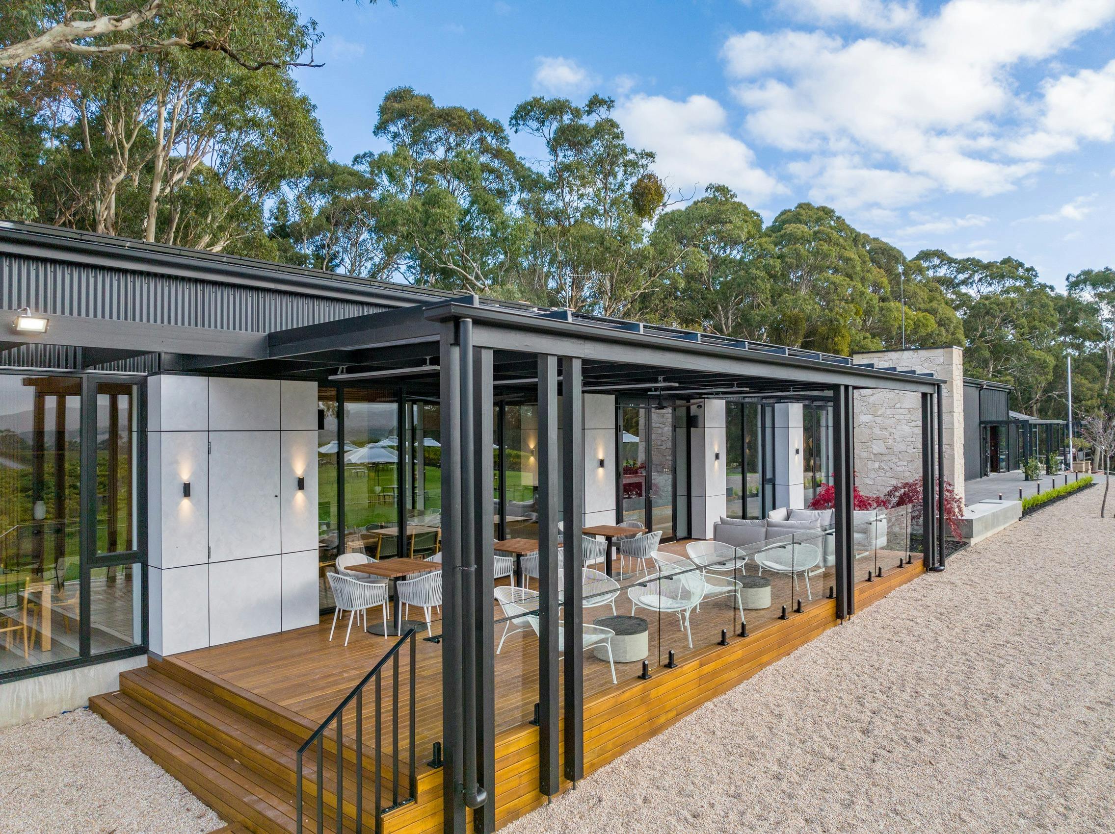 Large deck and outdoor seating area Nepenthe