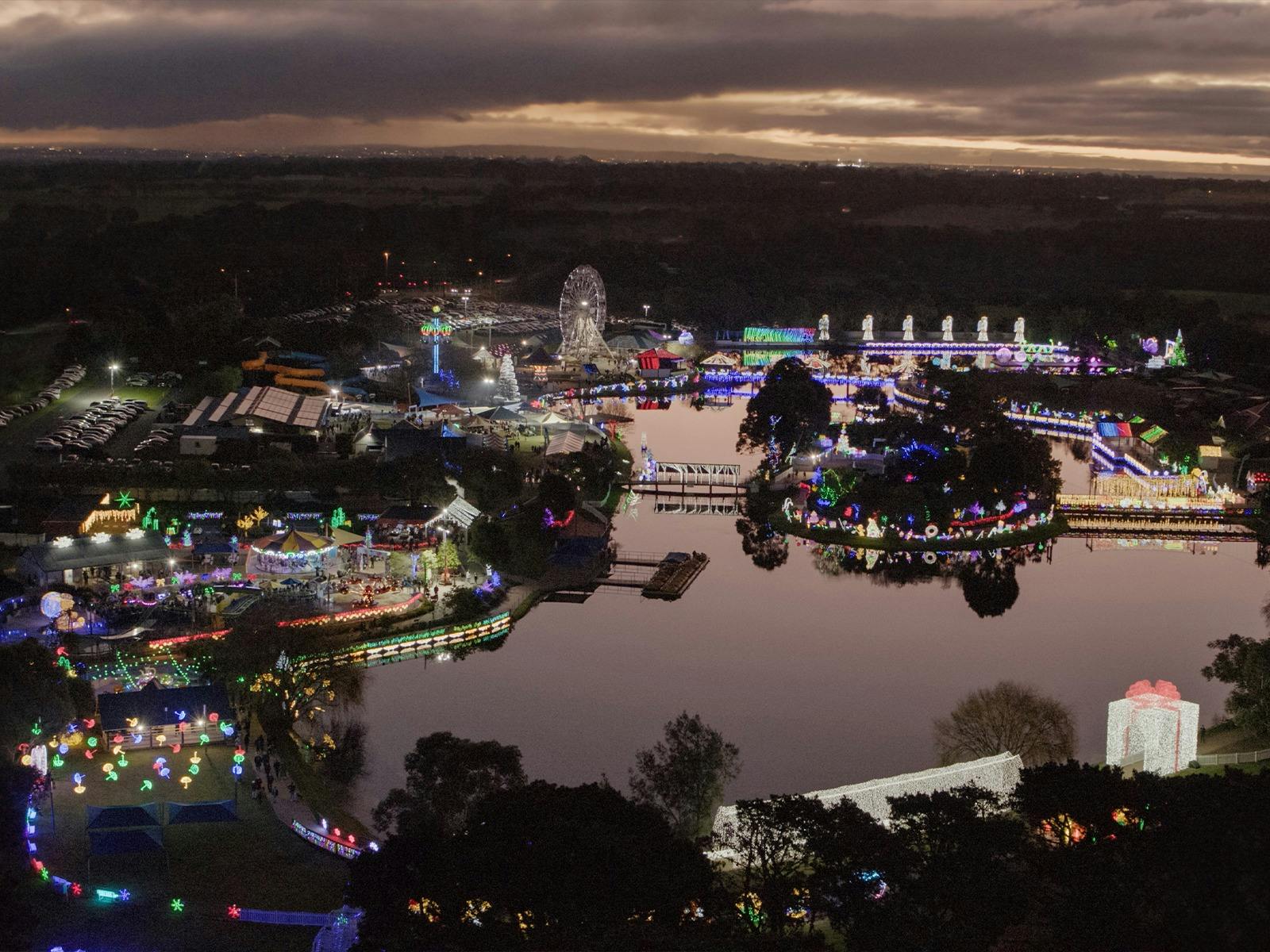 An aerial shot looking down on millions of lights at Adventure Park