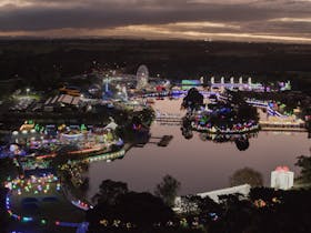 An aerial shot looking down on millions of lights at Adventure Park
