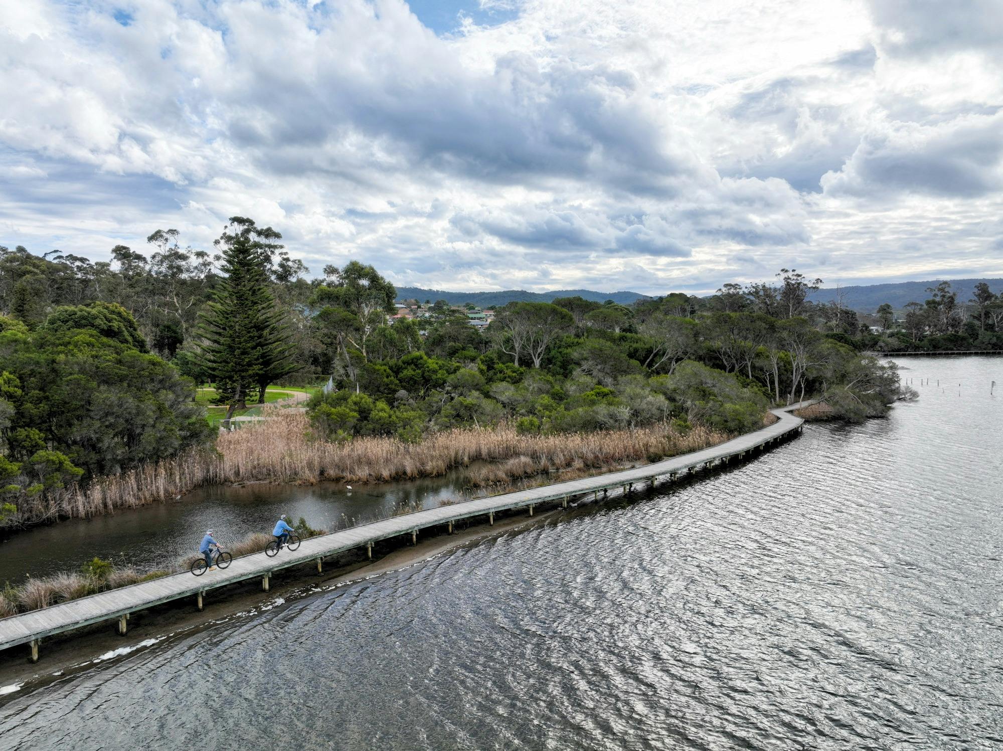 Drone view of the boardwalk on the edge of Lake Cuarlo