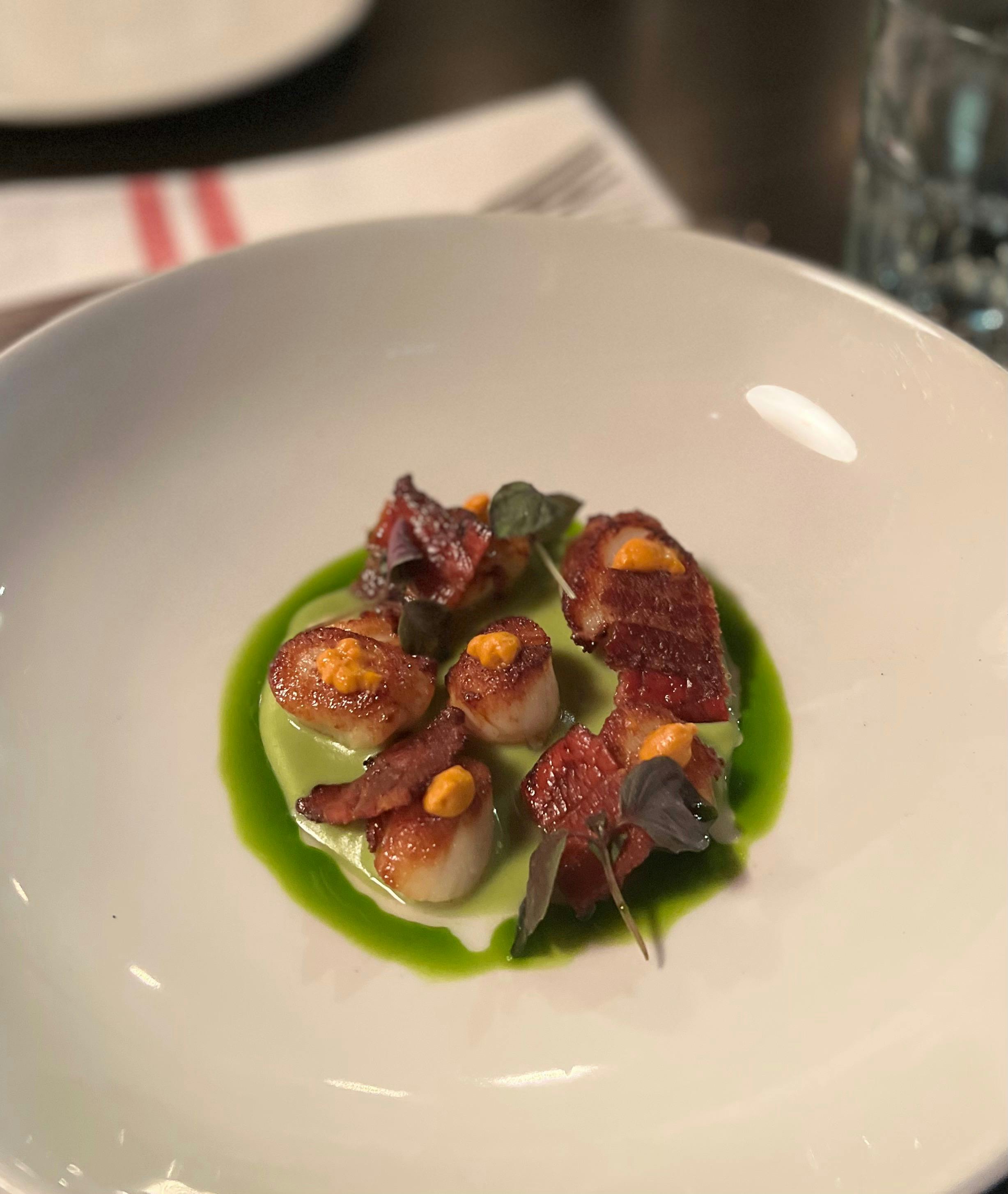 Seared Flinders Island Scallops with bacon & basil oil