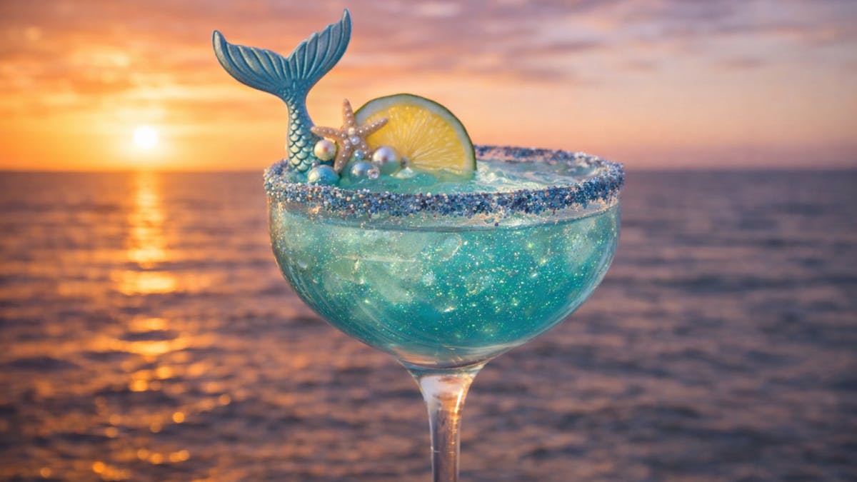 mermaid themed cocktail with sunset backdrop