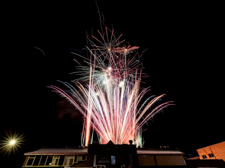 Fireworks above a building at the Cabramatta Moon Festival 2023