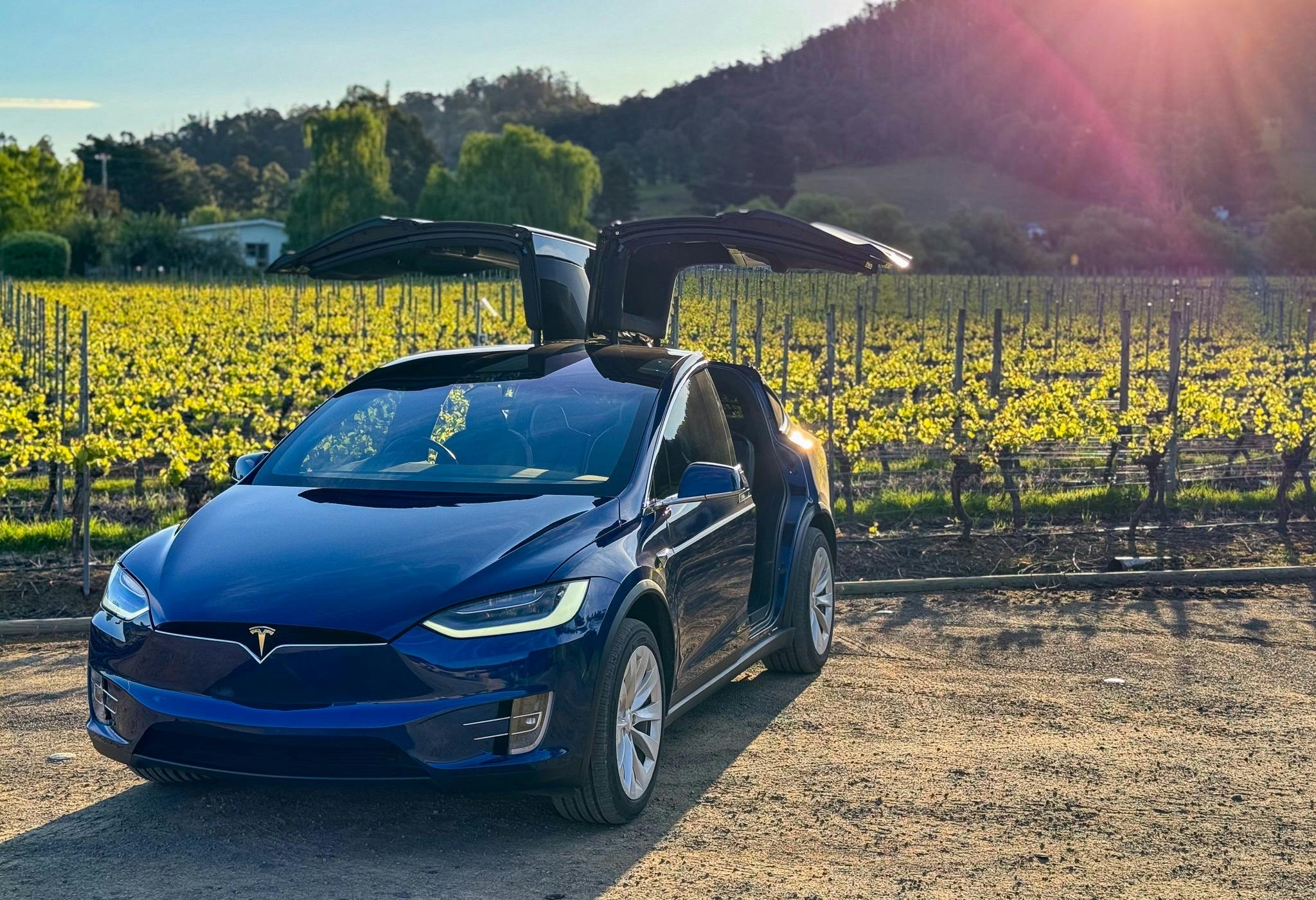 EVRide Tesla Model X at Home Hill Winery with falcon-wing doors open