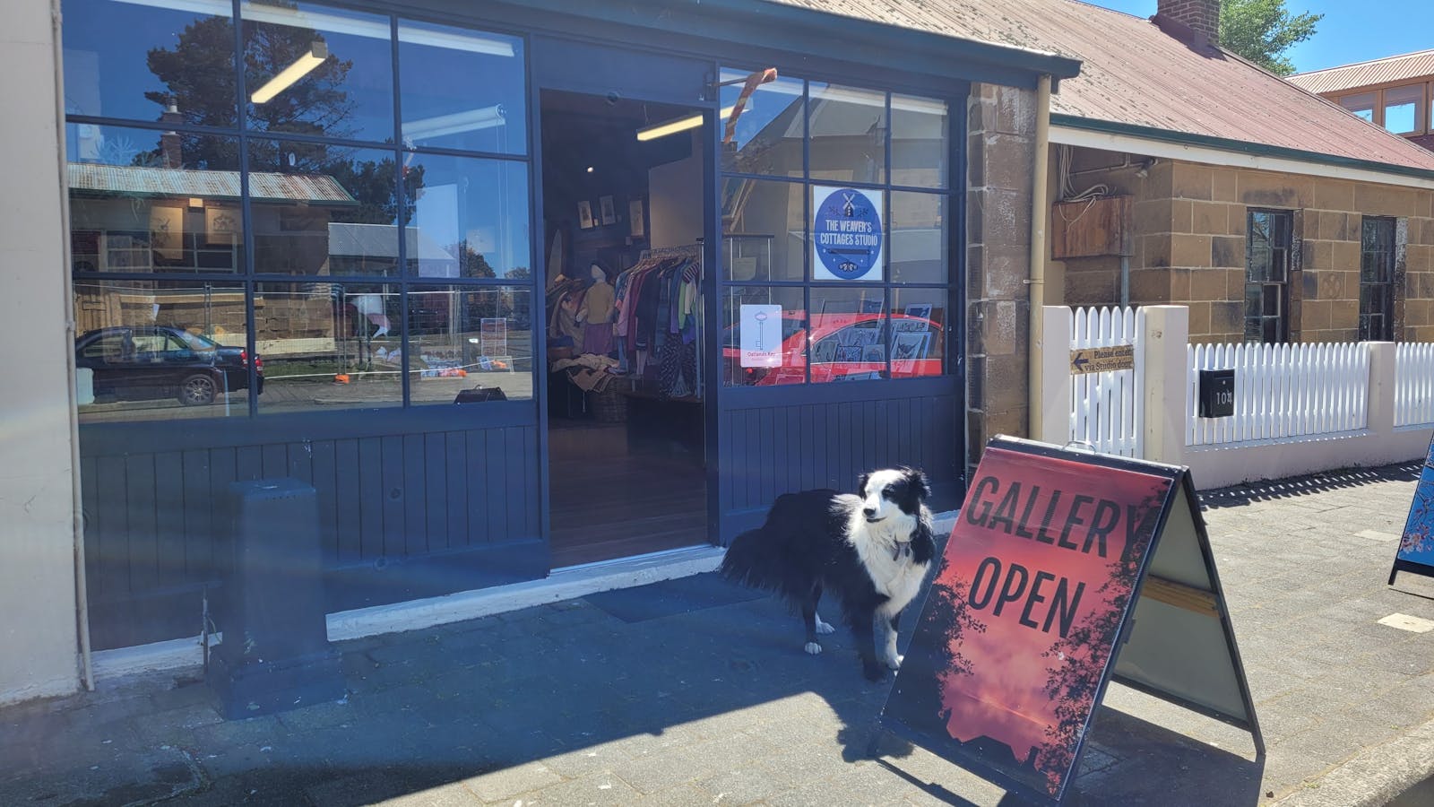 Oskar the shopdog welcomes visitors to the Georgian cottage and contemporary art open studio.