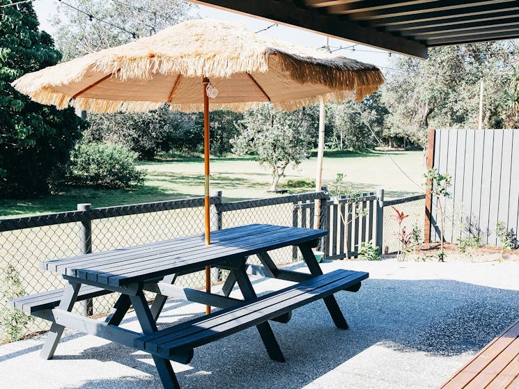 Cypress Room Patio with Picnic Table and Bali Umbrella