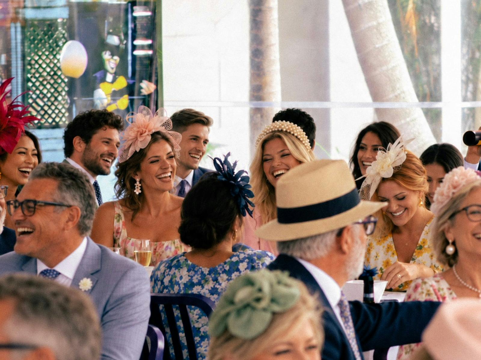 Guests gathered outdoors in race day attire during a Melbourne Cup celebration.