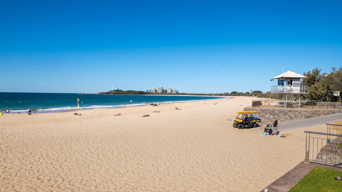 Shot of Mooloolaba Main Beach with lifeguard tower