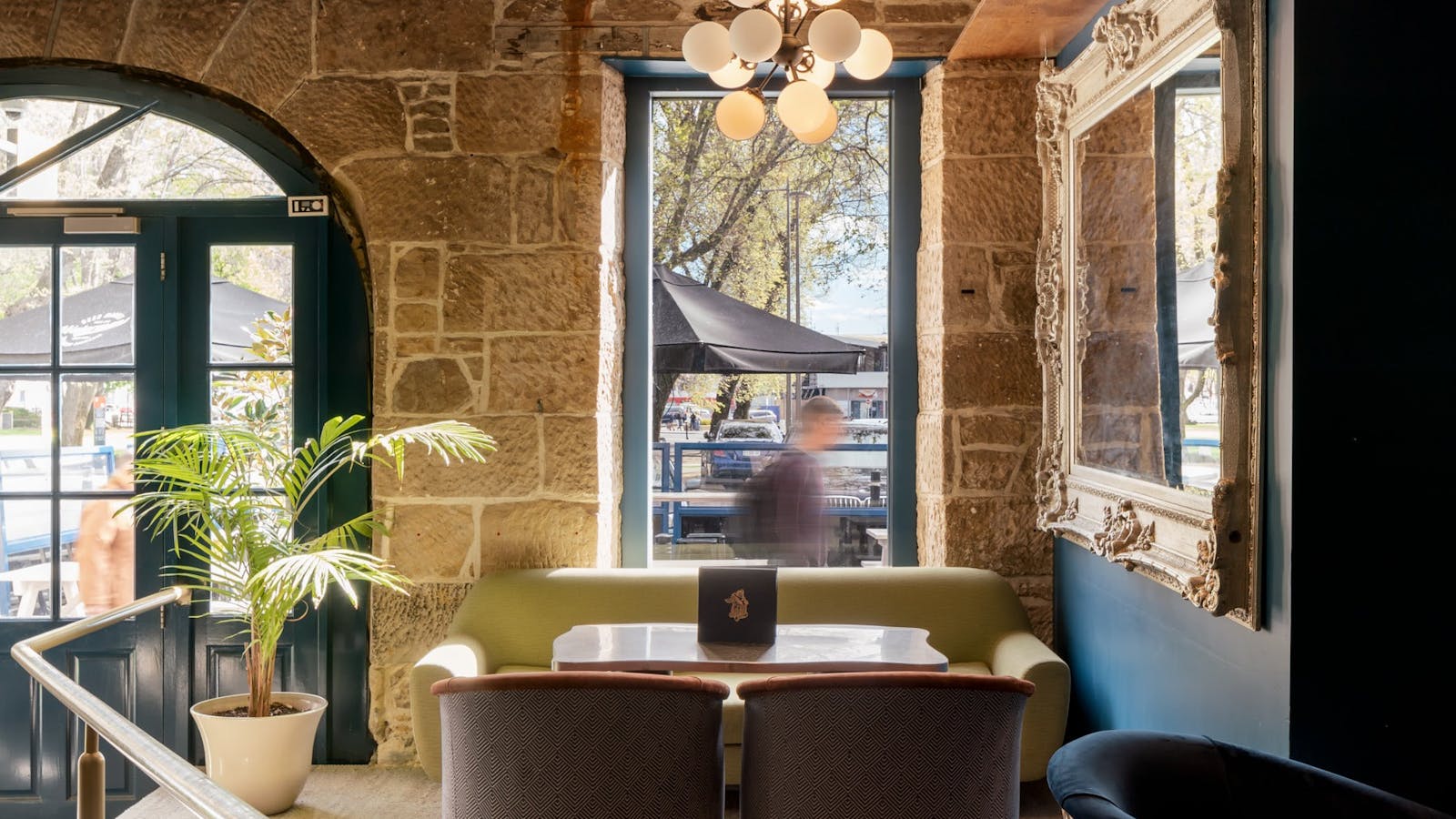 Sunny indoor seating at Waterman's Hotel