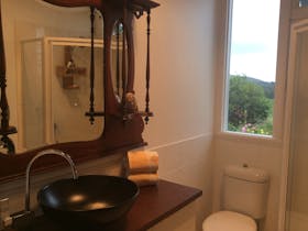 Private bathroom with shower, toilet, vanity and farm view