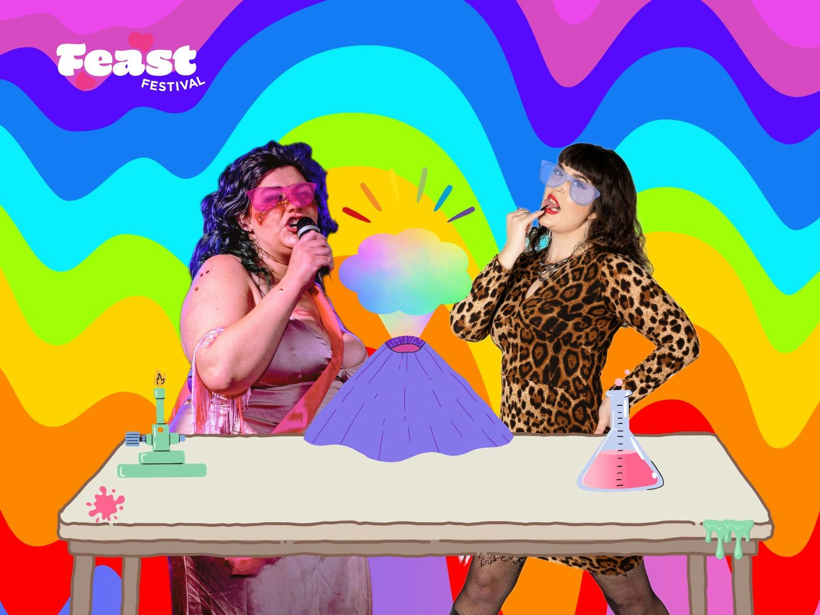 two afab figures stand behind a table with cartoon science stuff on it over a rainbow background