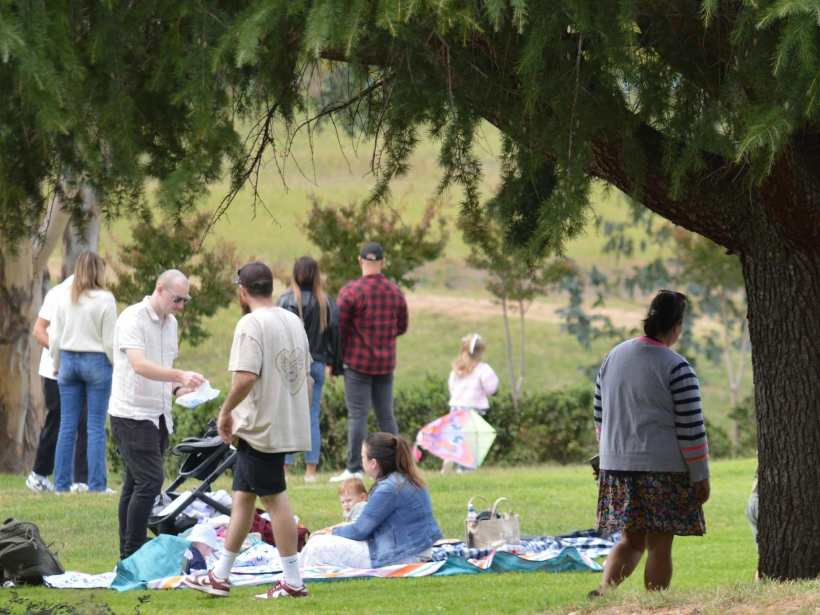 Families on picnic blankets on grassed lawn with trees