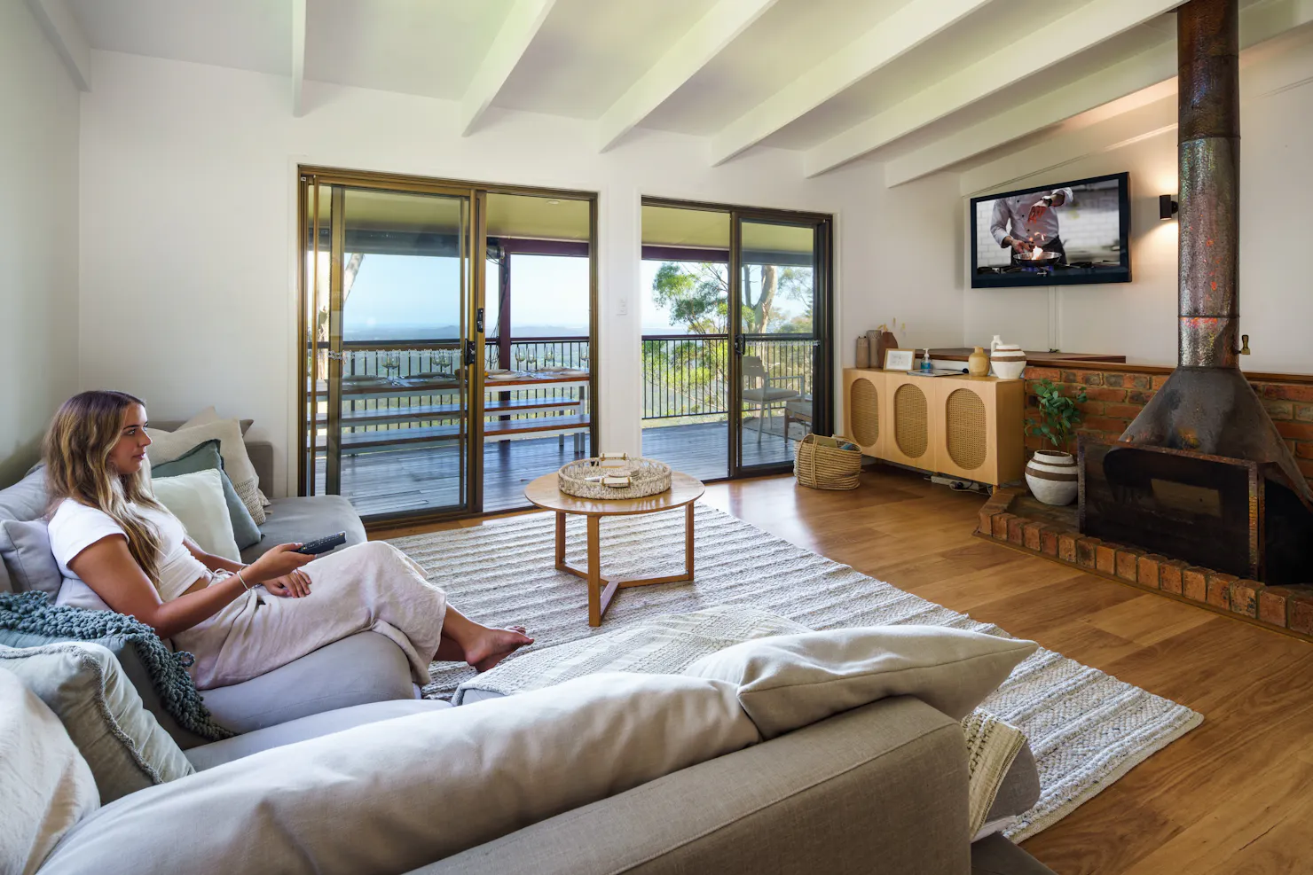 Living room with view and a fireplace