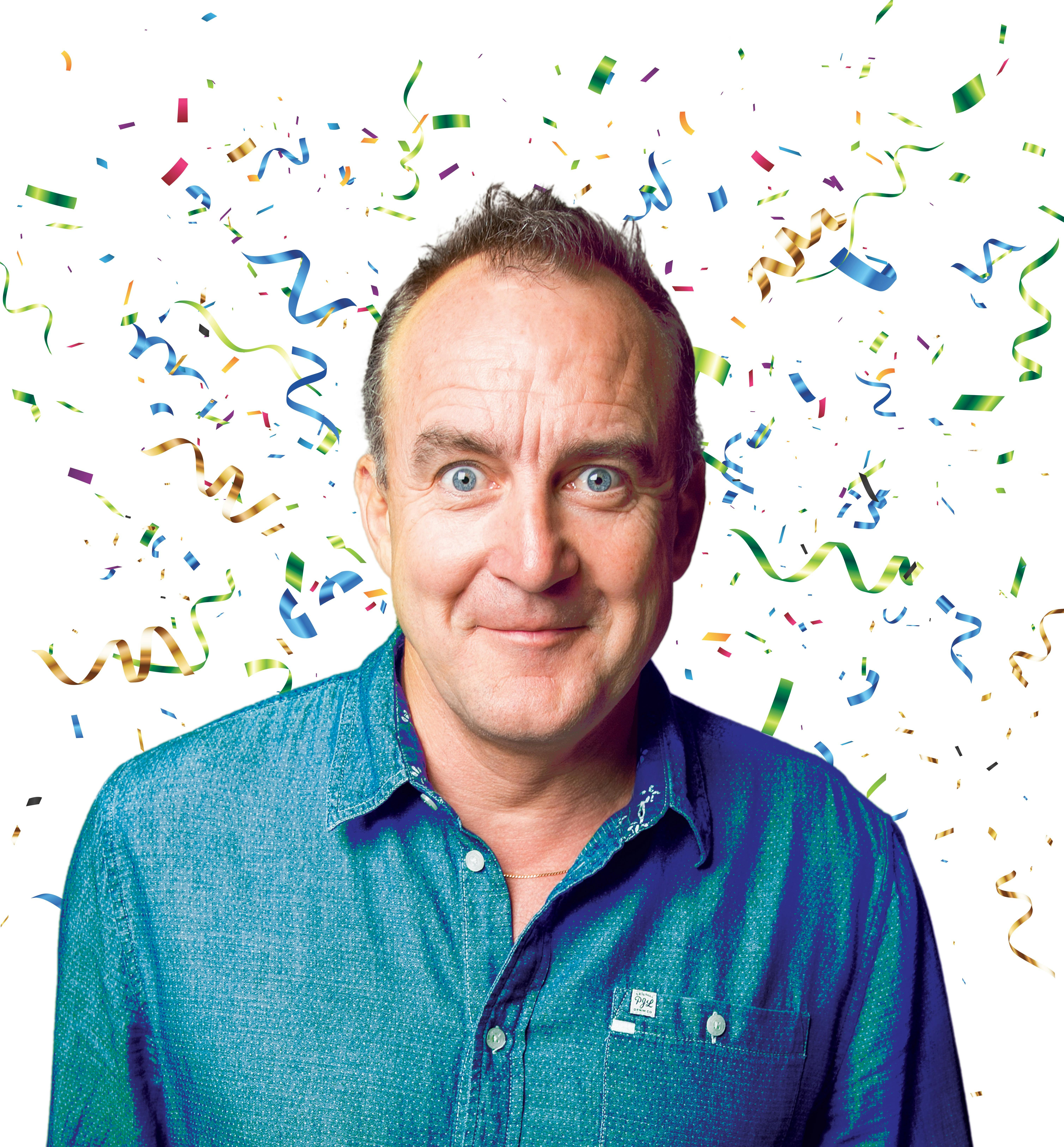 Jimeoin smiling with confetti behind him on a white background