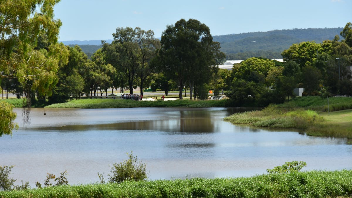 Overview of lake and skate park