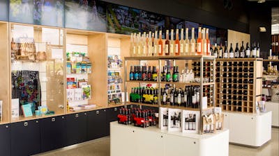 Display cabinets of local wines, beers and spirits for sale