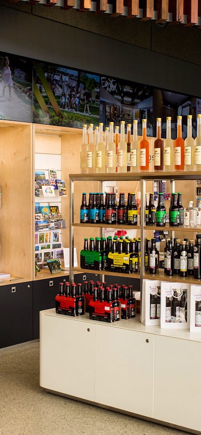 Display cabinets of local wines, beers and spirits for sale