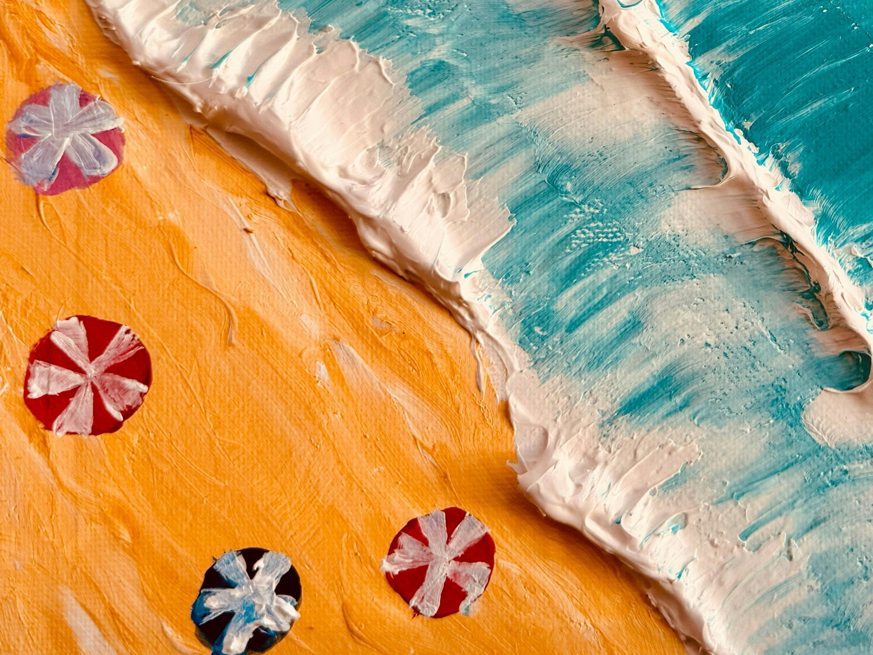 Textured beach artwork with orange sand, painted umbrellas and a thick white shore break