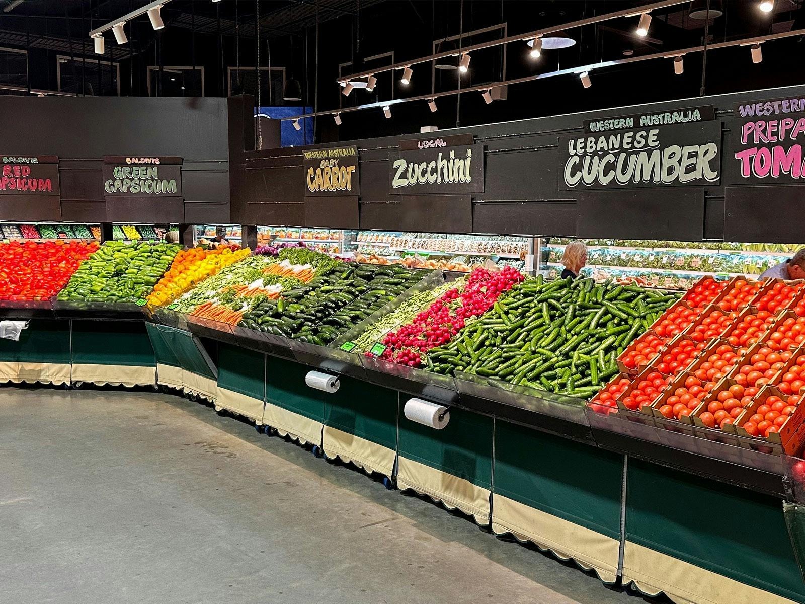Fresh produce display featuring vegetables at Bunbury Farmers Market