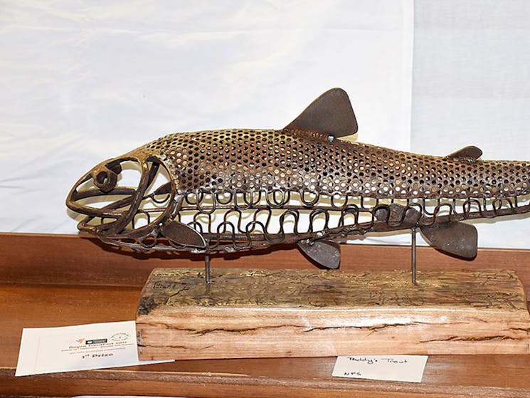 Metal fish shaped sculpture at Guyra TroutFest Art Expo