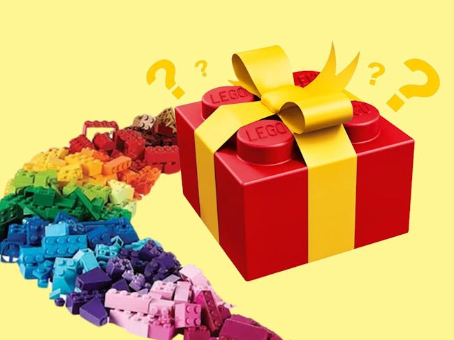 lego gift box with rainbow bricks