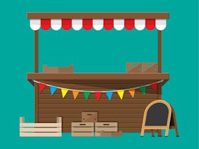 Colouful image of a market stall with coloured banners