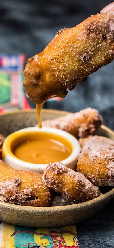 Pineapple Banana Fritters with Rum Butterscotch