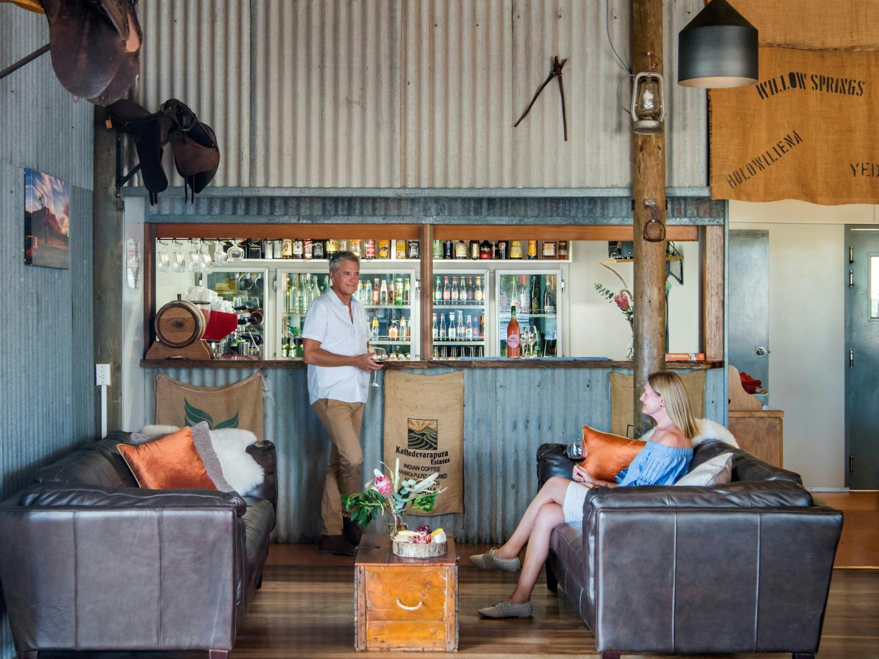 Couple relaxing in the Bar area of the Woolshed Restaurant at Rawnsley Park Station