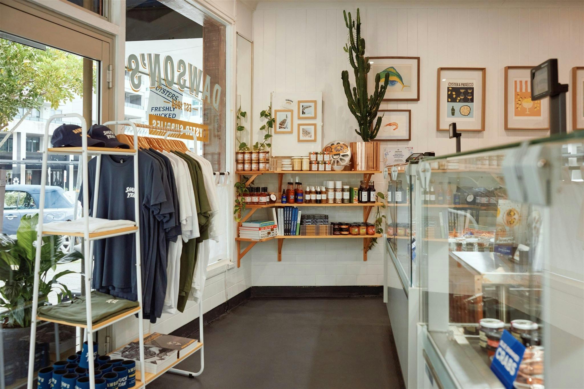 Condiment shelf and merch rach inside the shop at Dawson's