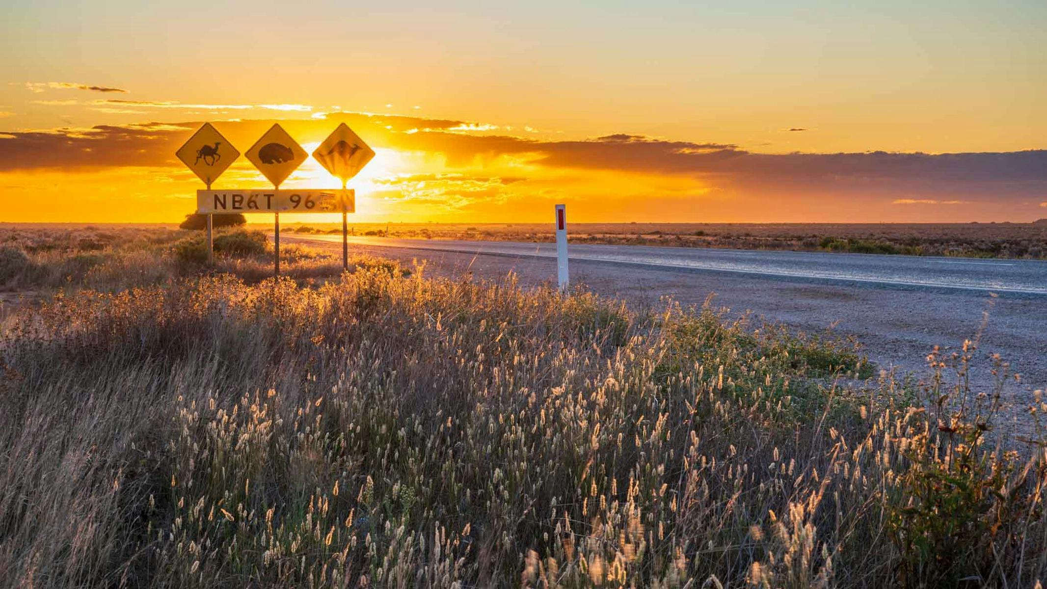 road sign with sunset behind it