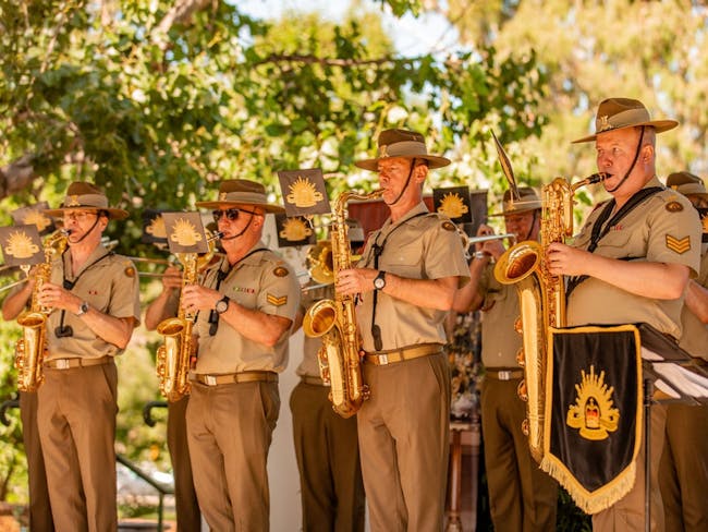 This image shows members of the Australian Army Band Kapooka performing on stage at Australia Day