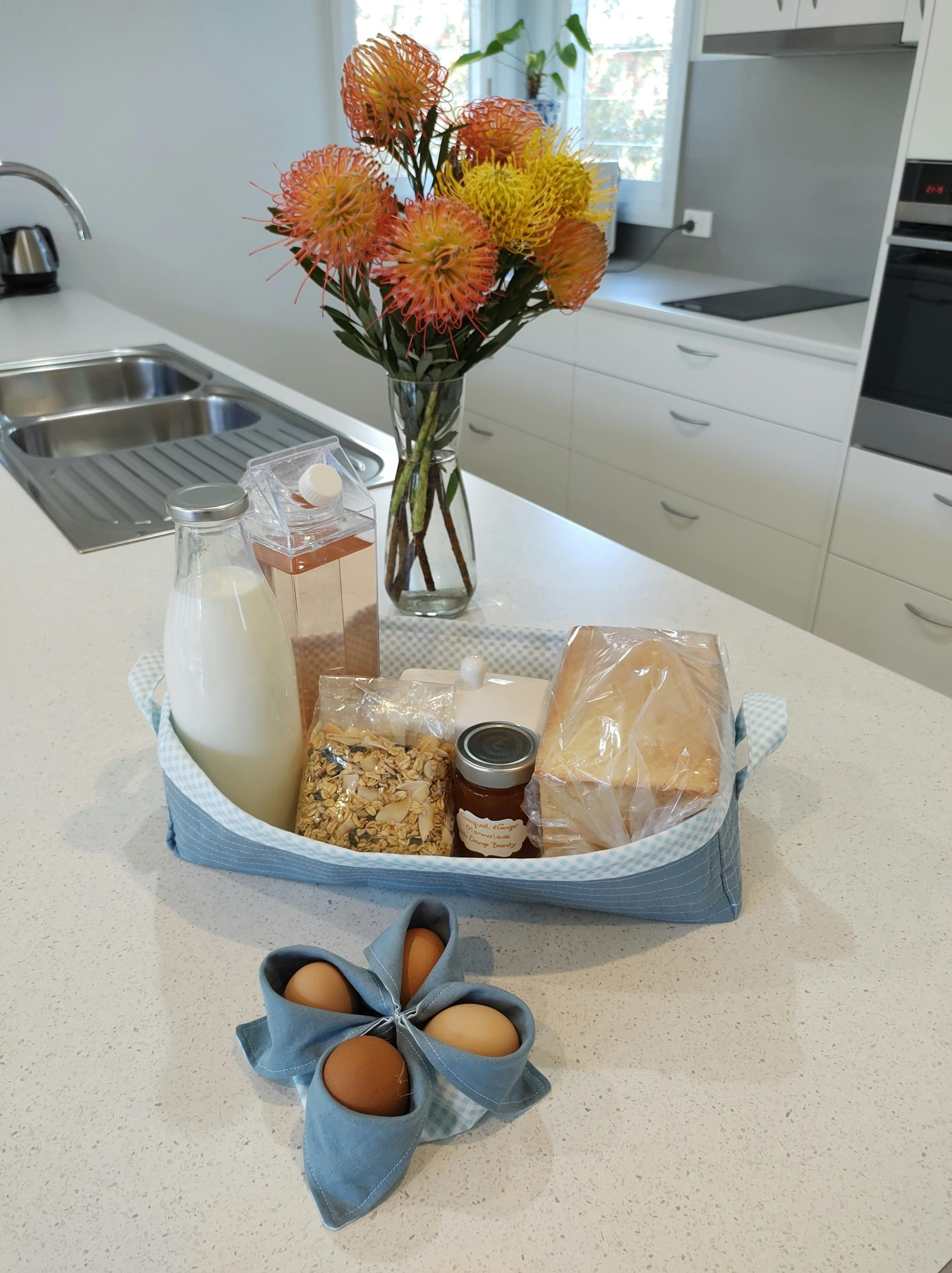 Breakfast hamper is supplied on check-in and basic pantry staples are also supplied